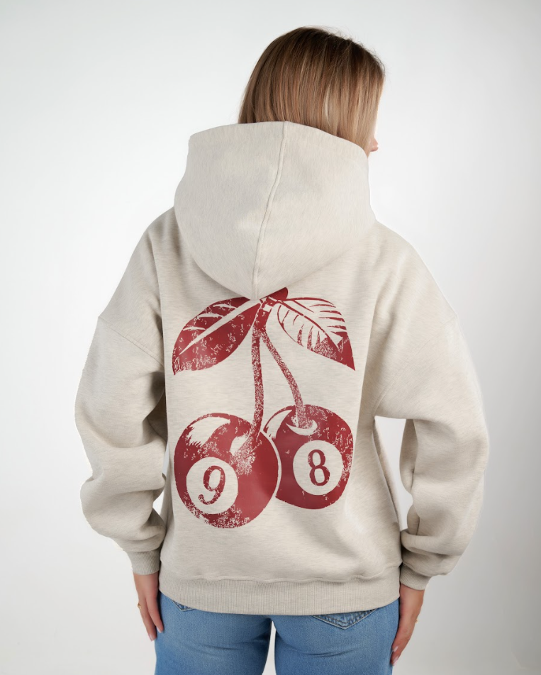 Gray, comfy, and bold — front text, cherry back