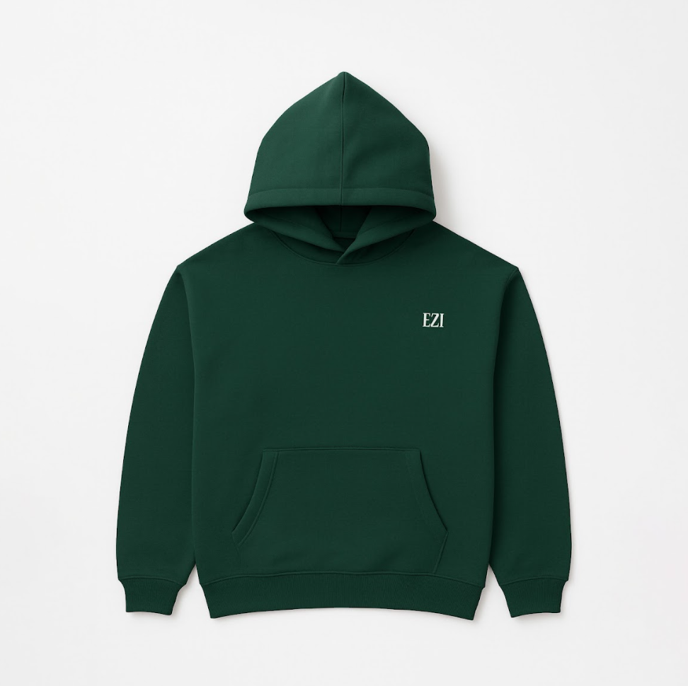 “Front logo, back inspiration — Ezi green sweatshirt.”